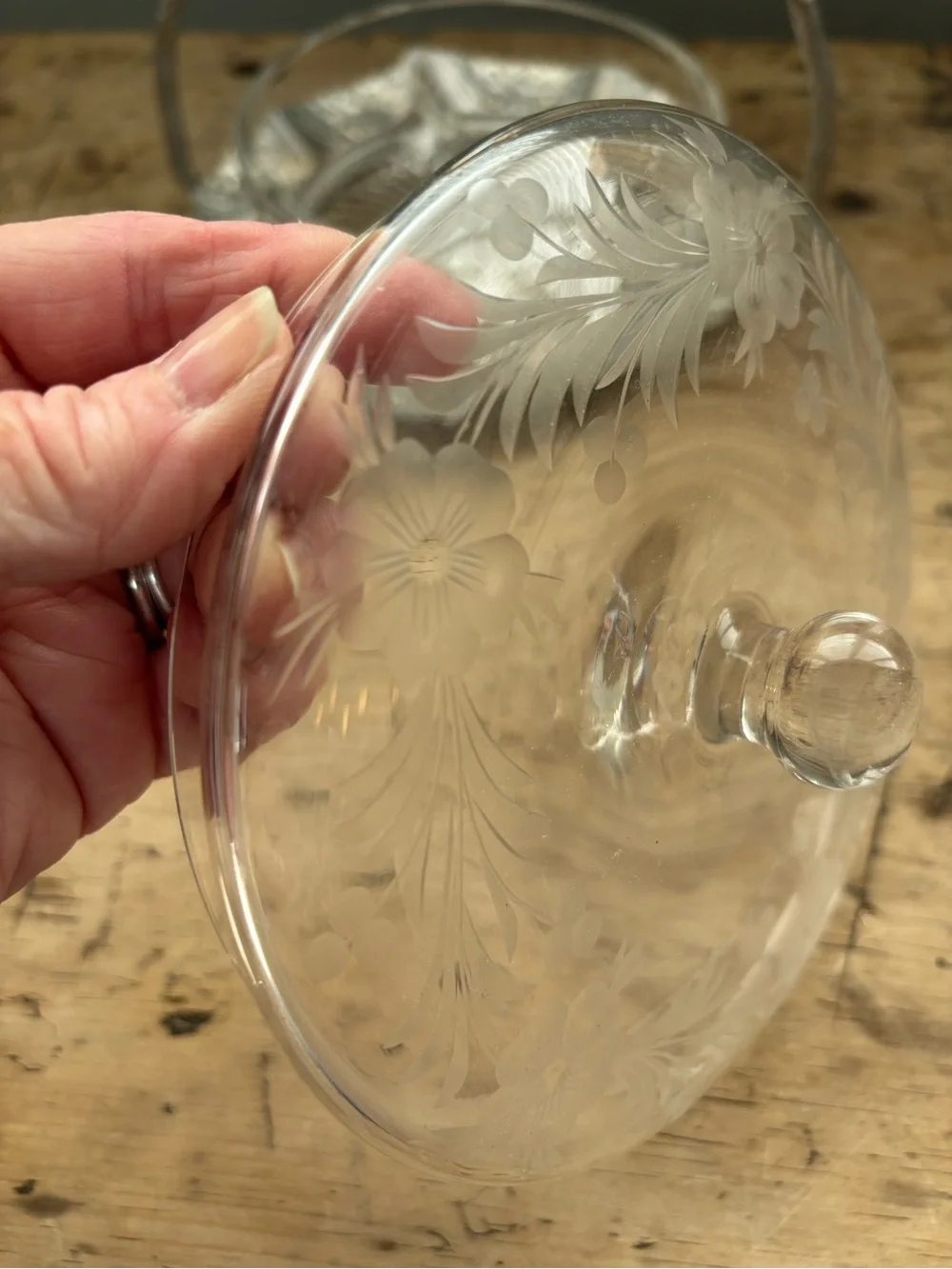 Vintage Hand Wrought Aluminum Handled Basket w/ Clear Etched Glass Covered Dish